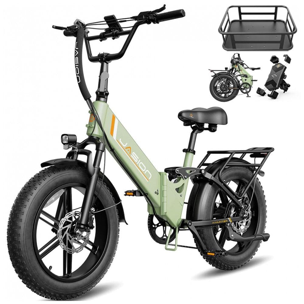 Bicicleta elétrica dobrável Jasion X-Hunter ST verde com cesto traseiro pneus 20x4 motor 750W pico 1400W bateria 48V 13Ah 70 km 110V