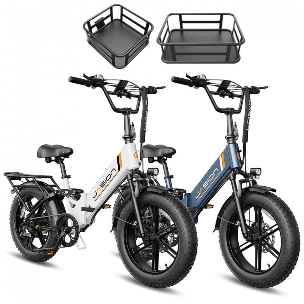 Kit 2 bicicletas elétricas dobráveis Jasion X-Hunter ST branca e azul cestos pneus 20x4 motor 750W pico 1400W bateria 48V 13Ah 70 km 110V