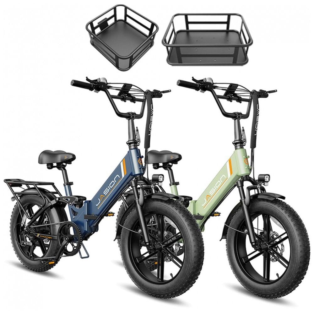Kit 2 bicicletas elétricas dobráveis Jasion X-Hunter ST azul e verde cestos pneus 20x4 motor 750W pico 1400W bateria 48V 13Ah 70 km 110V