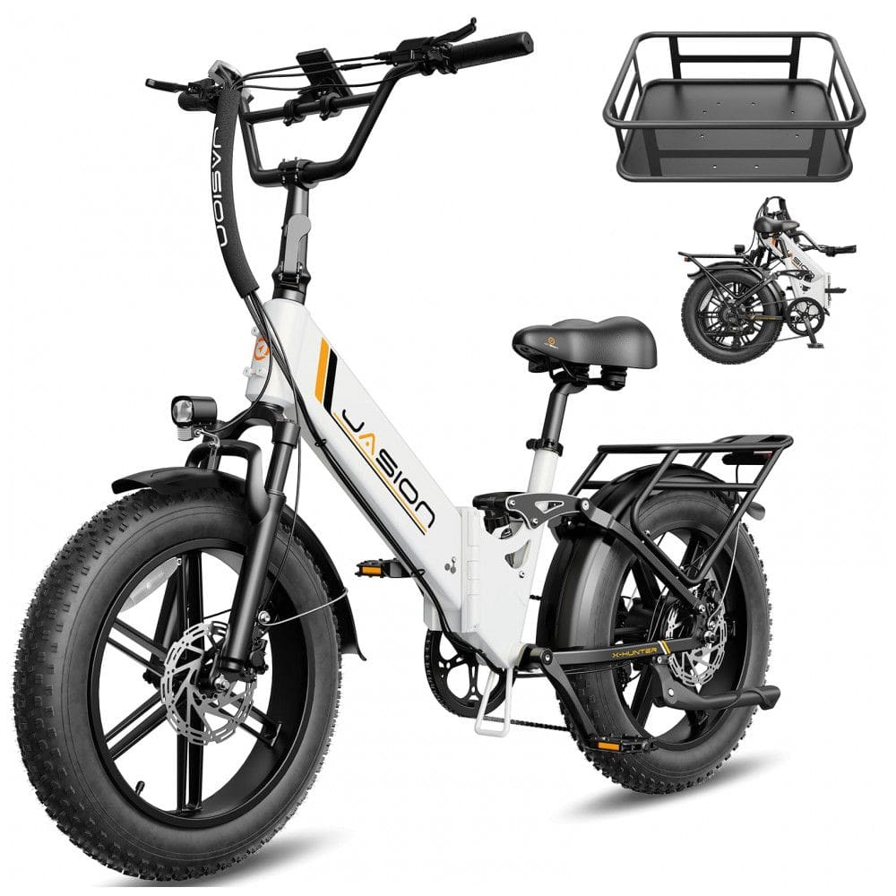 Bicicleta elétrica dobrável Jasion X-Hunter ST branca Glacier pneus 20x4 motor 750W pico 1400W bateria 48V 13Ah 70 km 110V