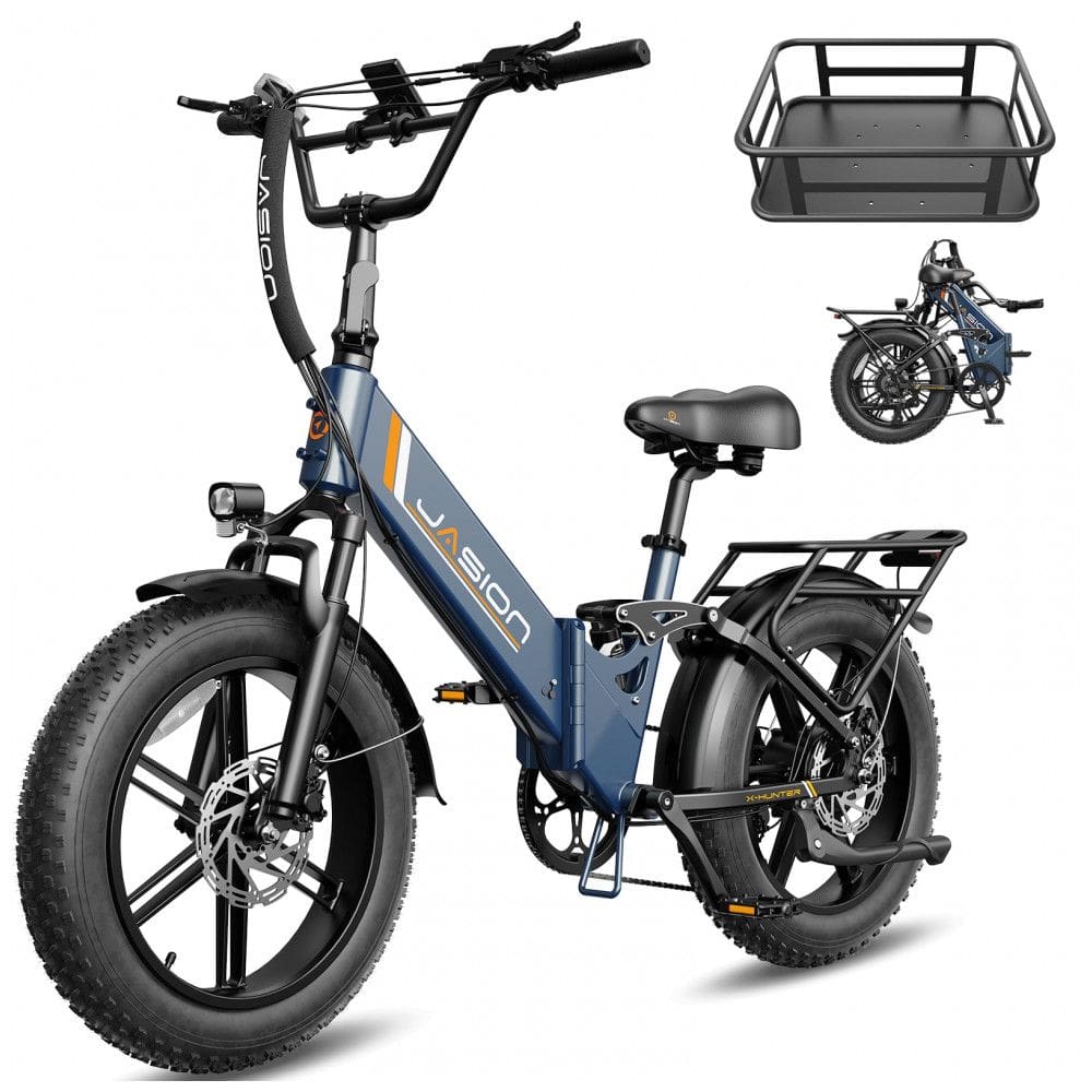 Bicicleta elétrica dobrável Jasion X-Hunter ST azul Storm pneus 20x4 motor 750W pico 1400W bateria 48V 13Ah 70 km 110V
