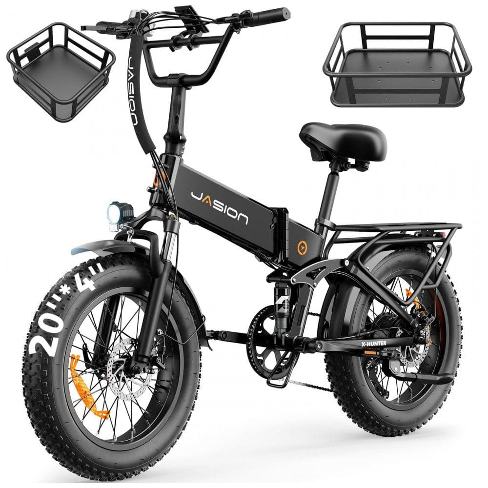 Bicicleta elétrica dobrável Jasion X Hunter preta com cestos motor 750W pico 1400W pneus 20x4 bateria 48V 13Ah suspensão dupla 110V