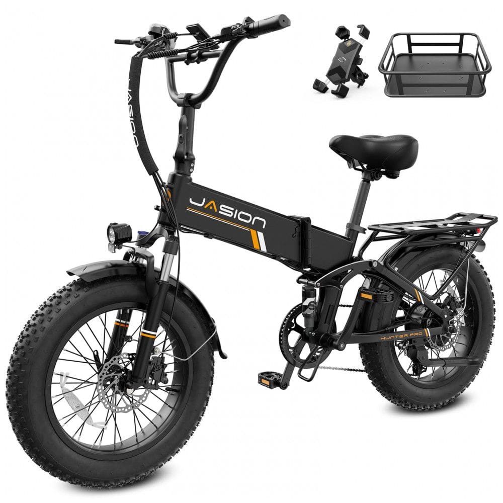 Bicicleta elétrica dobrável Jasion X-Hunter Pro preta com cesto traseiro pneus 20x4 motor 750W pico 1800W bateria 48V 18Ah 80 km 110V