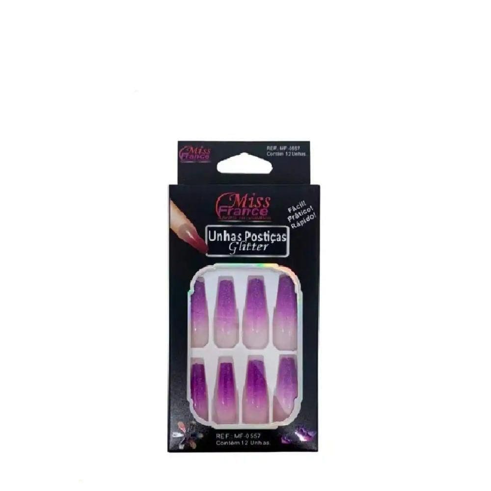 Unha Postiça Glitter Com 12 Miss France