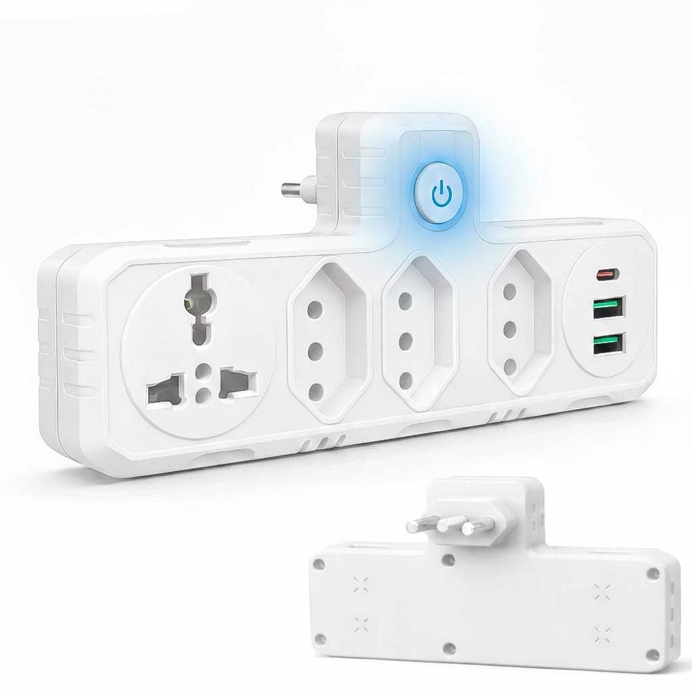 Filtro de Linha Benjamin Adaptador Universal 2 USB Rapido 1 Tipo C Com Tomada Internacional e 3 Tomada 3P Bivolt -Branco