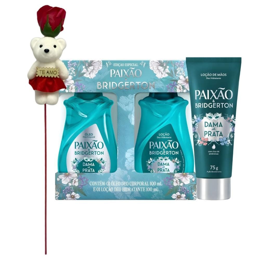Kit Presente Paixão & Bridgerton: Loção Hidratante, Óleo Corporal 100ml e Loção Hidratante De Mãos 75g + Rosa com Ursinho