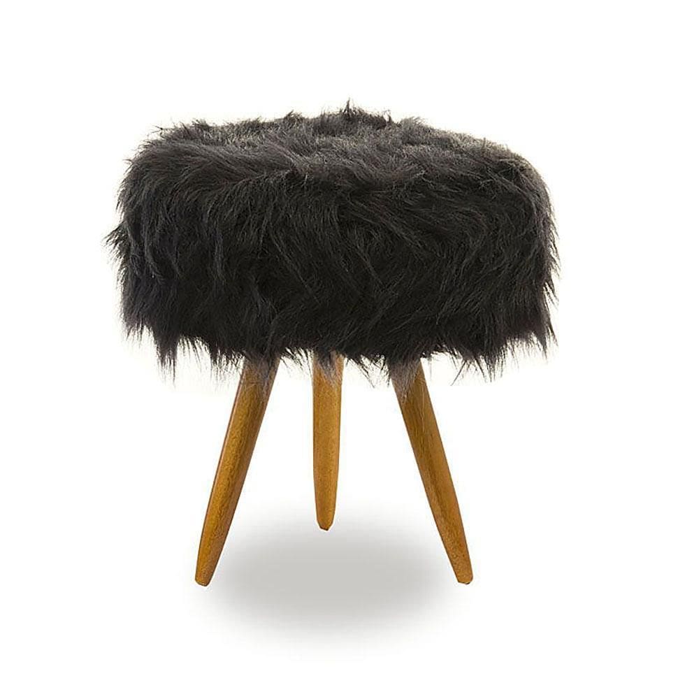 Puff Banqueta Magnus Redondo Pelúcia Preta Pés Castanho 50Cm
