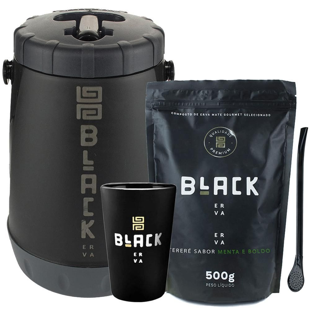 Kit Tereré Black Erva Garrafa Cuia Bomba Erva Menta Boldo