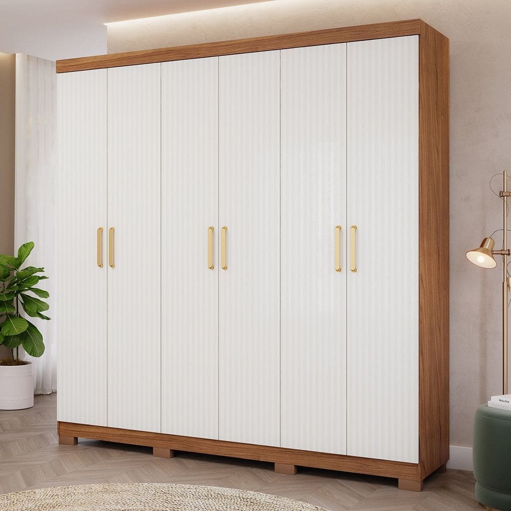 Guarda-roupa Casal 6 Portas com Pé e Espelho Interno Giratório 199cm 100% Mdf Paraty Espresso Móveis Cinamomo/Grafiatto