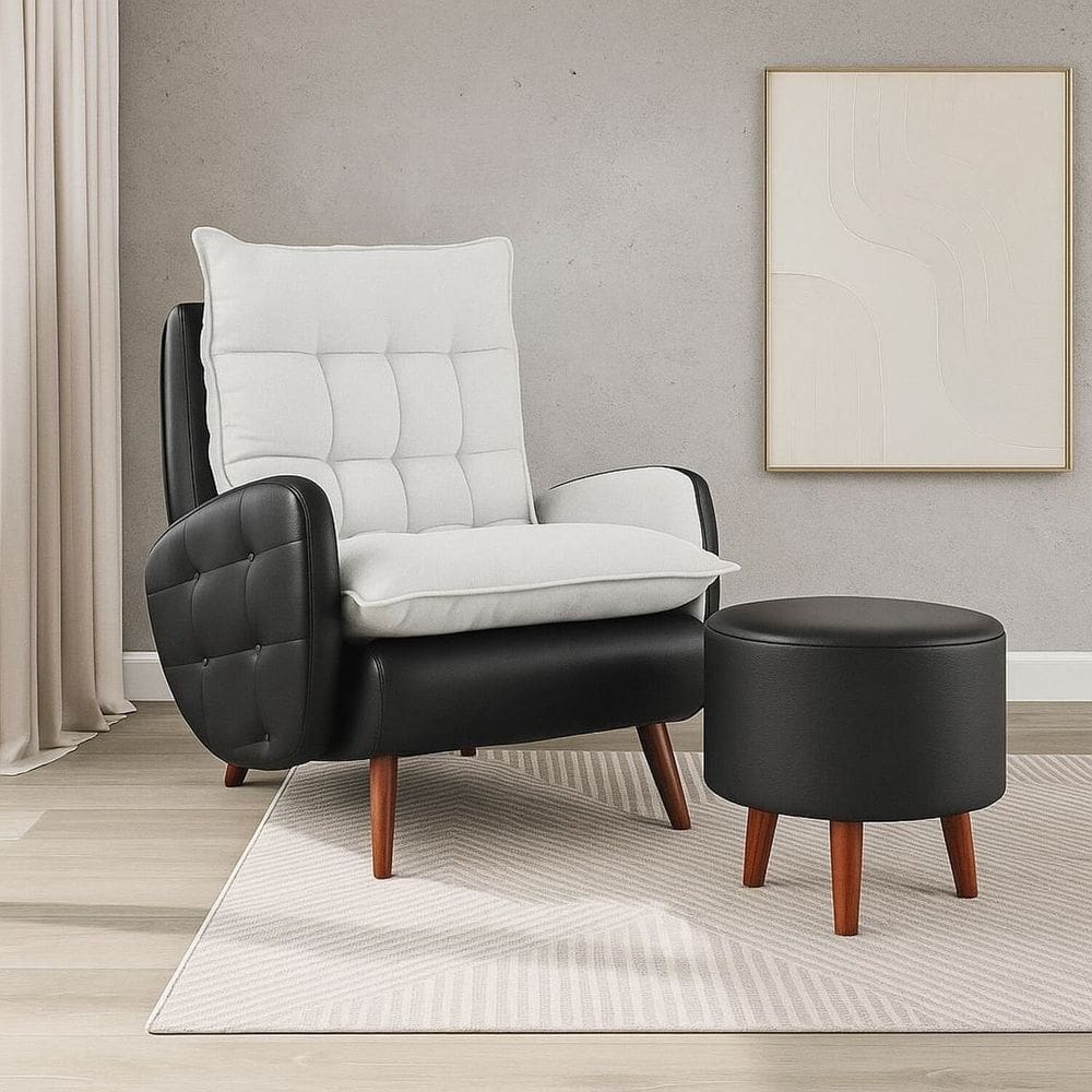 Poltrona para Sala de Estar com Puff Eloá Plus Preto/Cinza