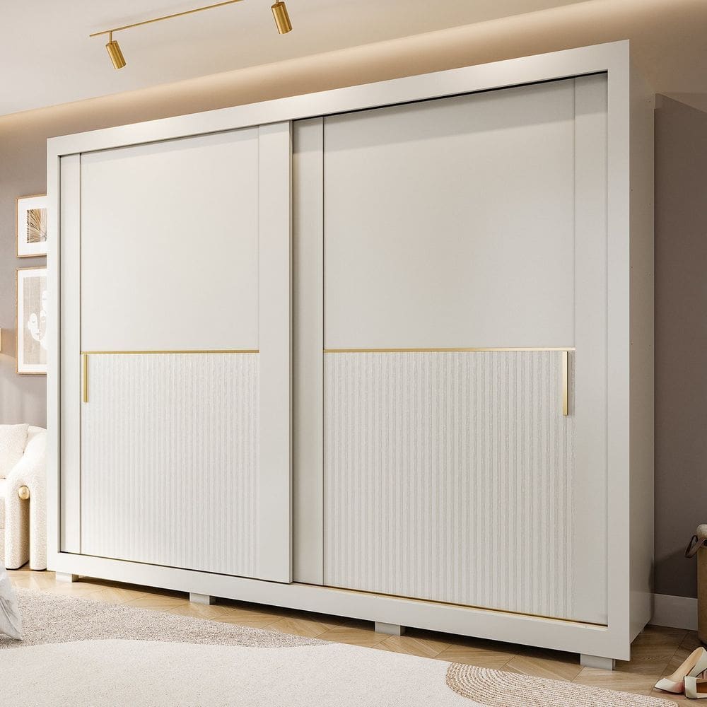 Guarda-Roupa 2 Portas com Pé e Espelho Interno de Correr 269cm 100% MDF Diamantina Espresso Móveis Off White/Grafiatto