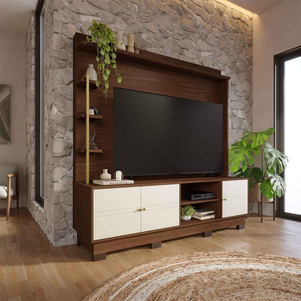 Home Theater 180 Cm para Tv até 70 Polegadas com 3 Portas Paraná Nogueira Real/Off White Matte