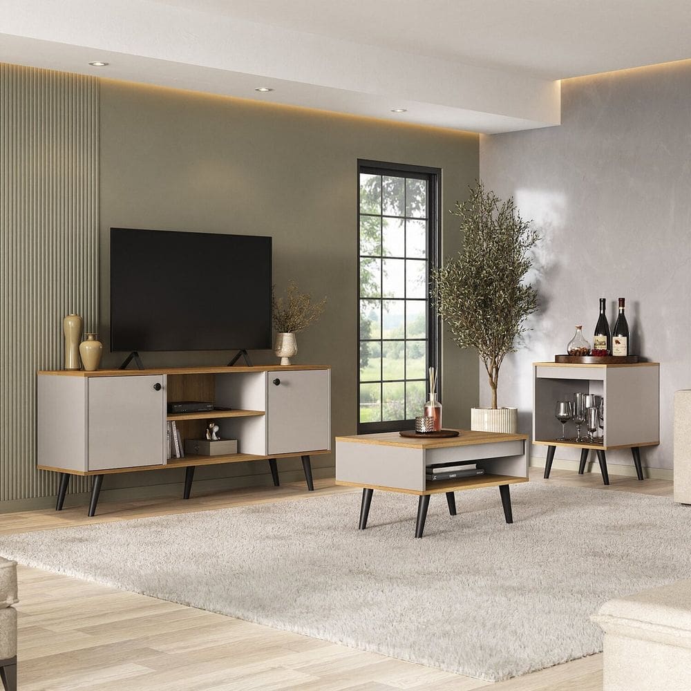 Conjunto Sala de Estar 3 Peças – Rack para Tv, Mesa de Centro e Mesa de Apoio Tóquio Arena/Freijó