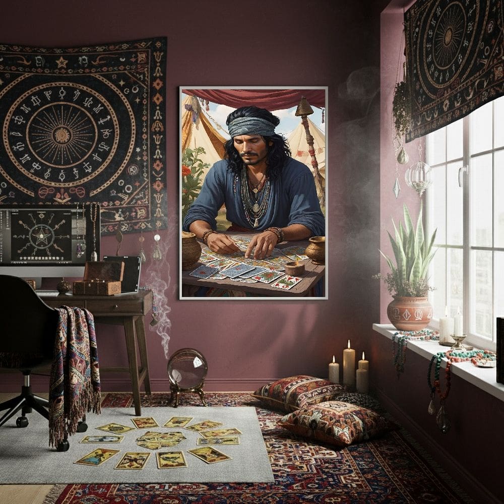 Quadro Decor Homem Cigano Lendo Tarot 70x50cm Mold Preta