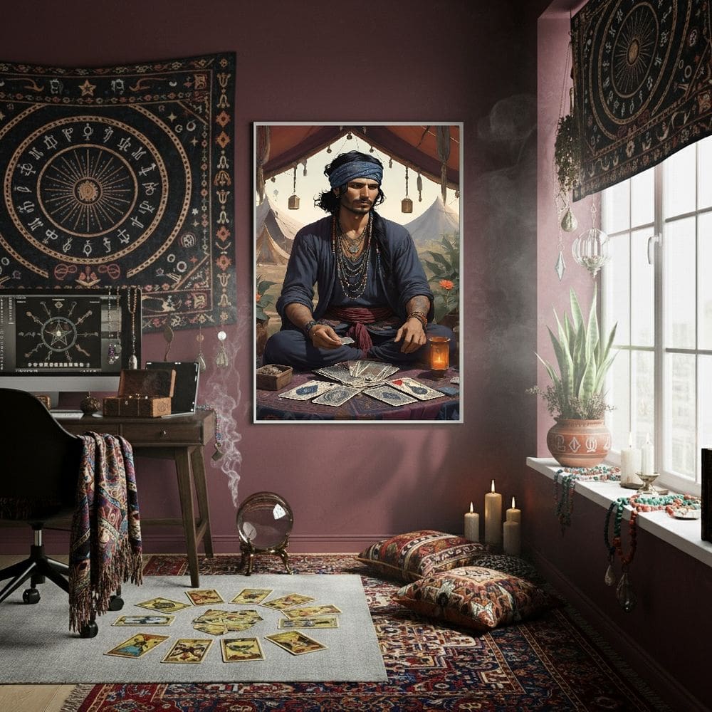 Quadro Decorativo Homem Cigano Com Tarot 70x50 Mold Branca