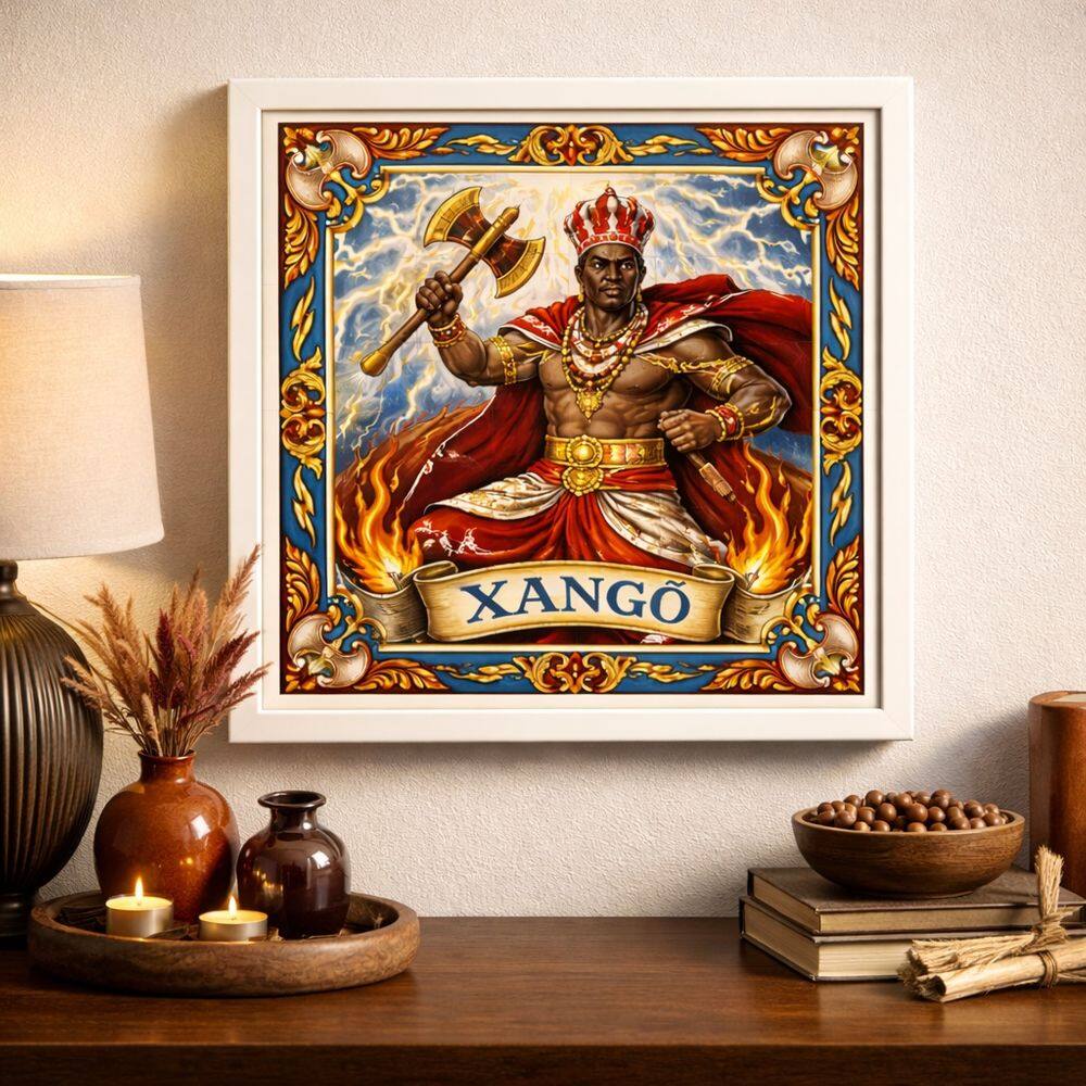 Quadro Estilo Azulejo Orixá Xangô 33x33cm Mold Preta