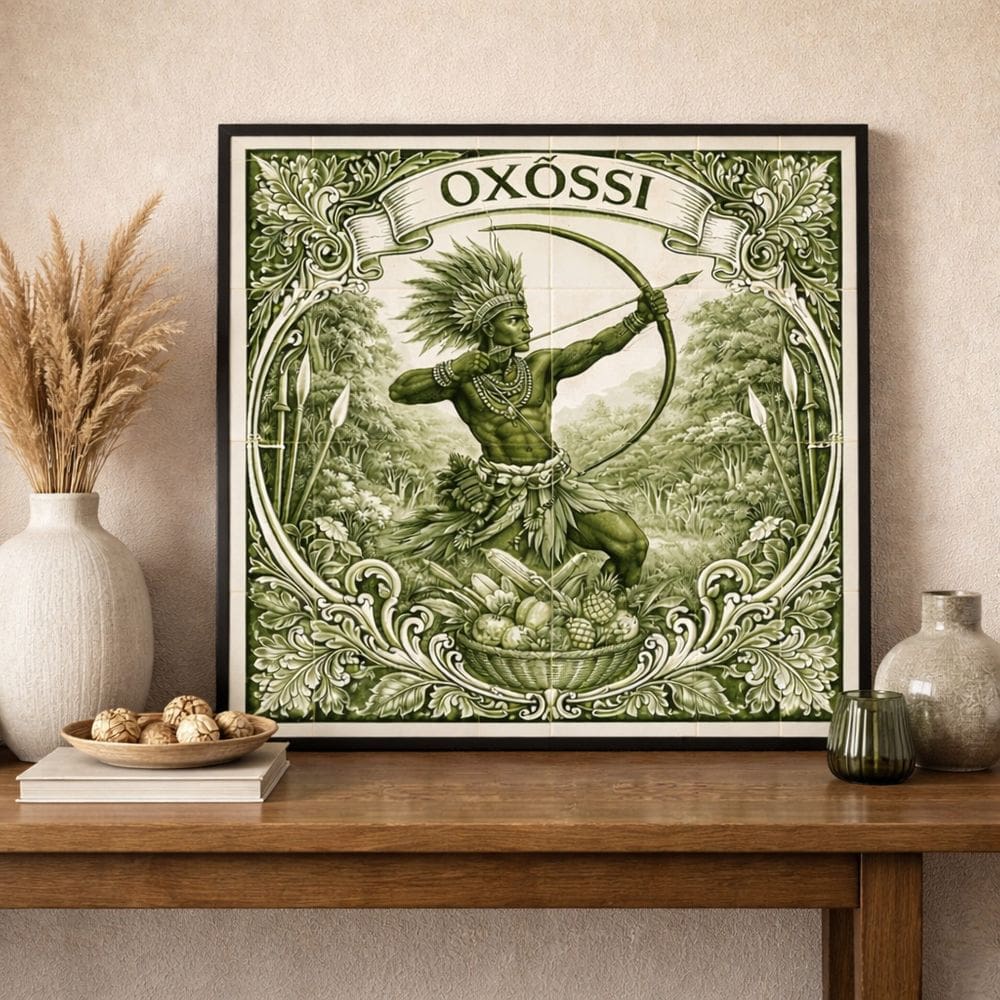 Quadro Estilo Azulejo Oxóssi 33x33cm Mold Preta