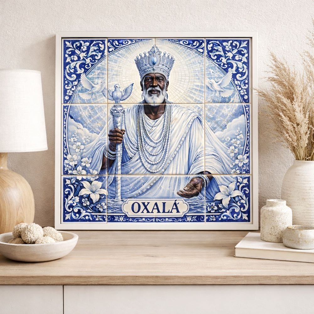 Quadro Estilo Azulejo Oxalá 33x33cm Mold Preta Vidro