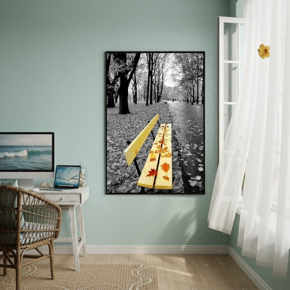 Quadro Decorativo Banco Amarelo 70x50cm Mold Branca