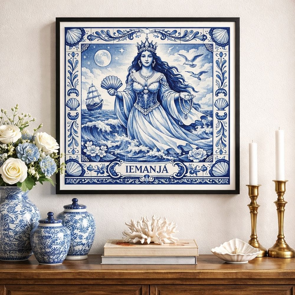 Quadro Estilo Azulejo Iemanjá 33x33cm Mold Preta