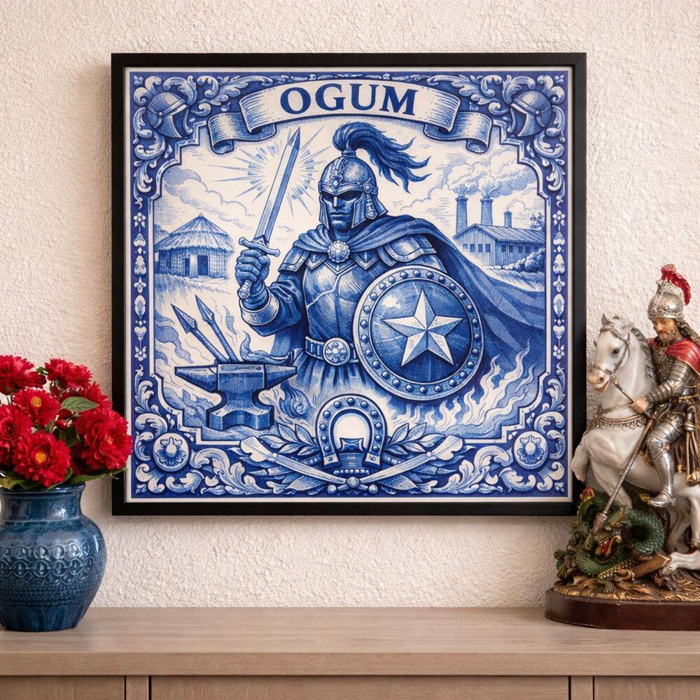 Quadro Estilo Azulejo Ogum 33x33cm Mold Preta