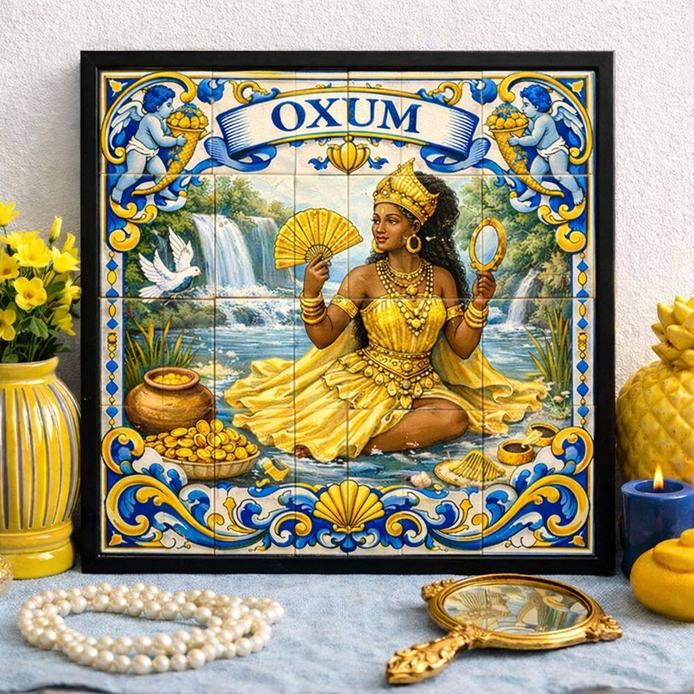 Quadro Orixá Oxum Estilo Azulejo 33x33cm Mold Preta
