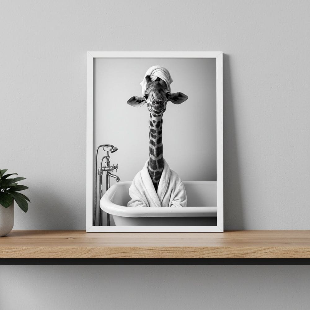 Quadro Divertido Banheiro Dona Girafa 33x24cm Mold Preta Vidro