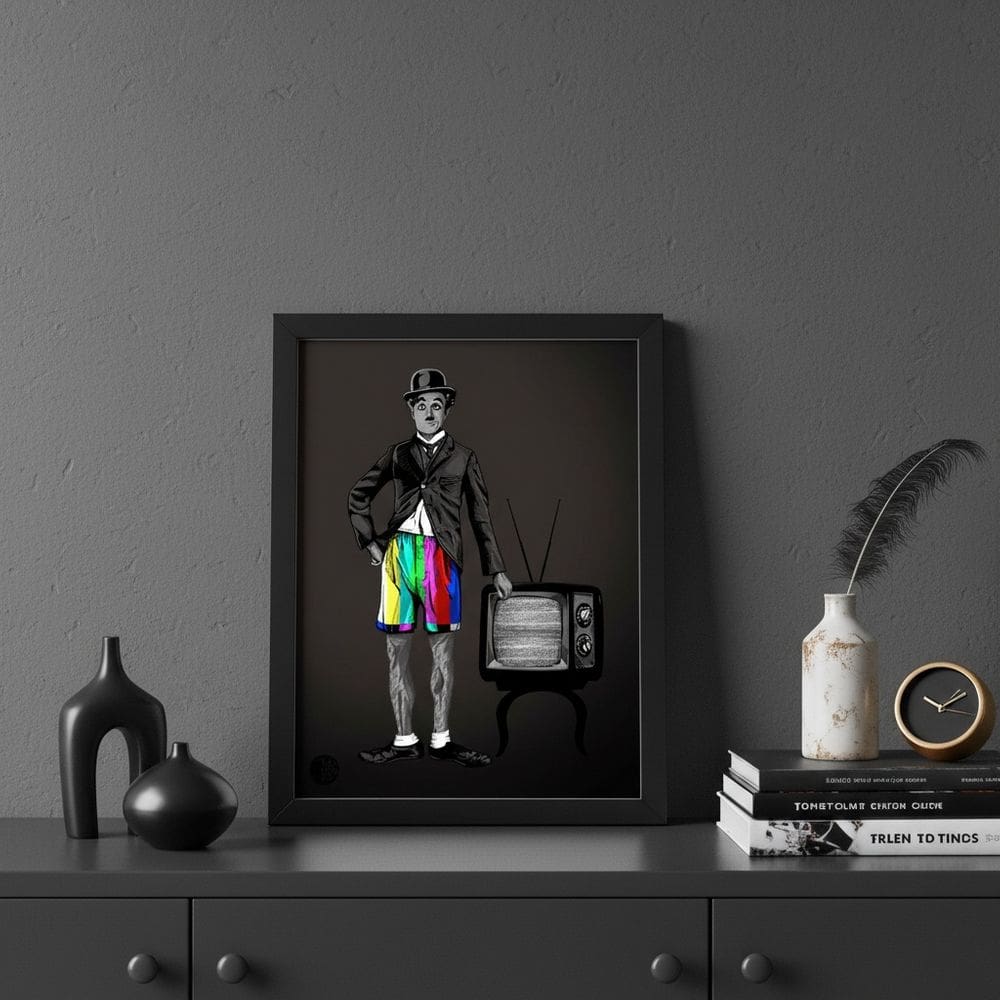 Quadro Decor Retrô Charlie Chaplin TV 33x24cm Mold Preta