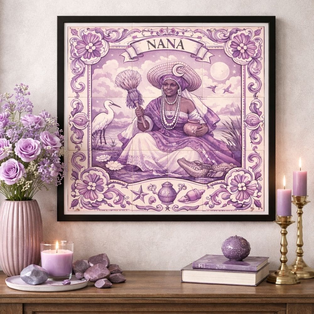 Quadro Estilo Azulejo Orixá Nanã 33x33cm Mold Preta