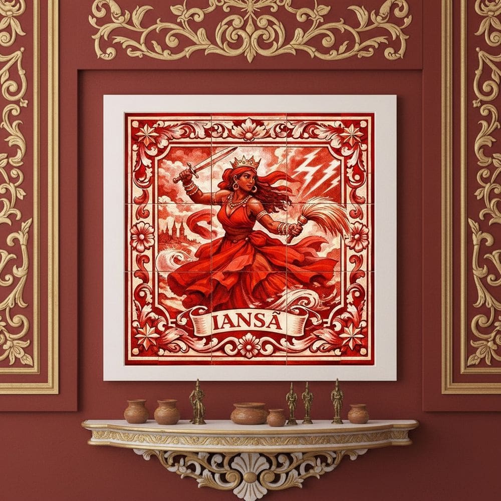 Quadro Estilo Azulejo Iansã 33x33cm Mold Preta Vidro