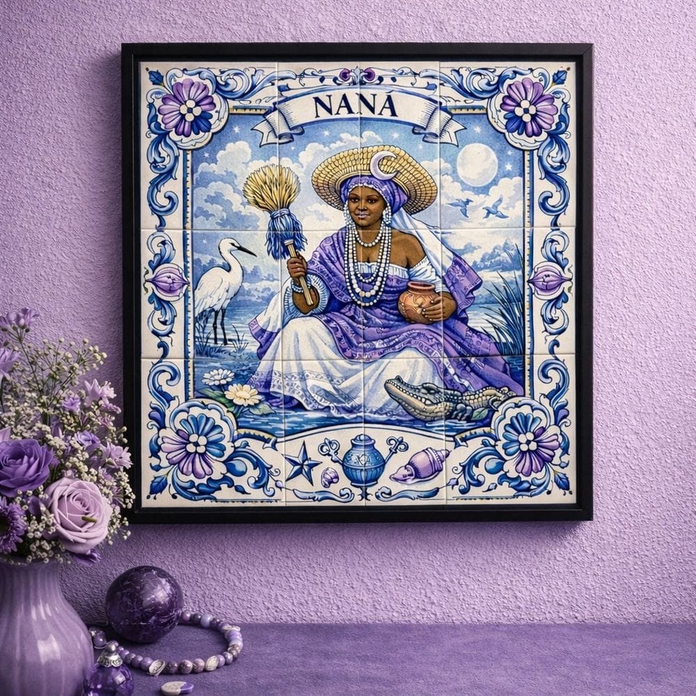 Quadro Estilo Azulejo Nanã 33x33cm Mold Preta Vidro