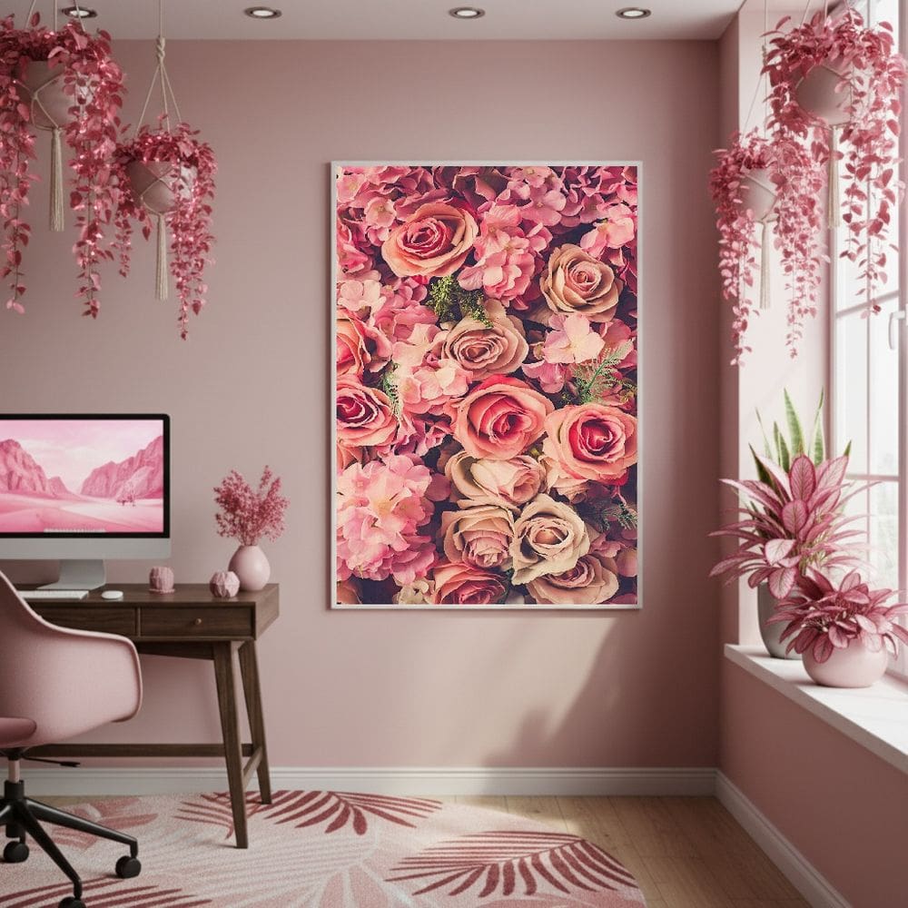 Quadro Decorativo Arranjo Floral Rosa 70x50cm Mold Preta