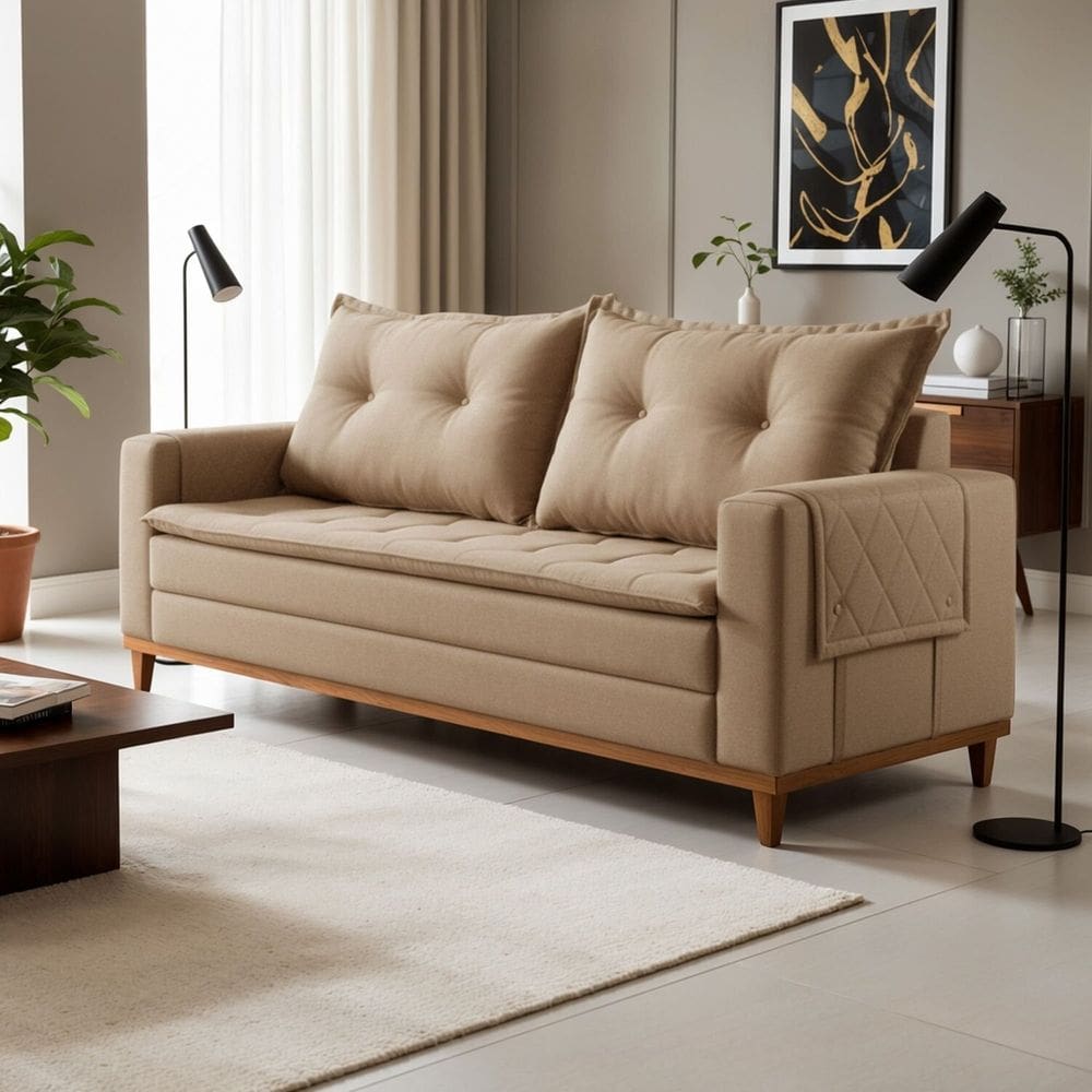 Sofá Living 2 Lugares 210cm com Base de Madeira Sidney Bege