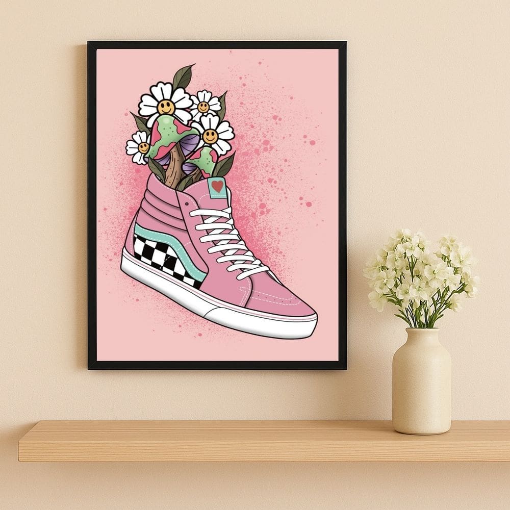 Quadro Fem Fashion Tênis Flores 33x24cm Mold Preta