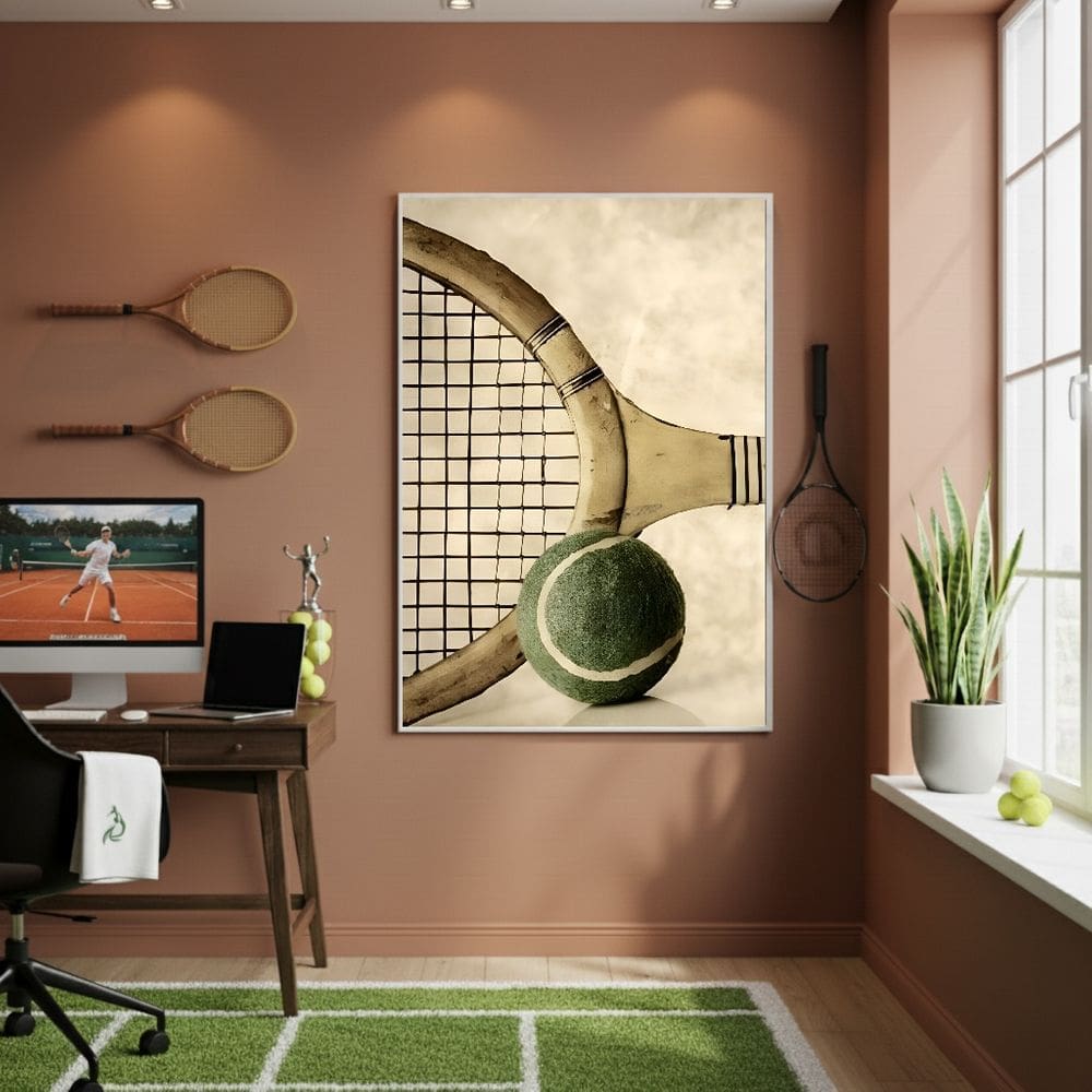 Quadro Decorativo Raquete Bola De Tênis-70x50cm Mold Branca