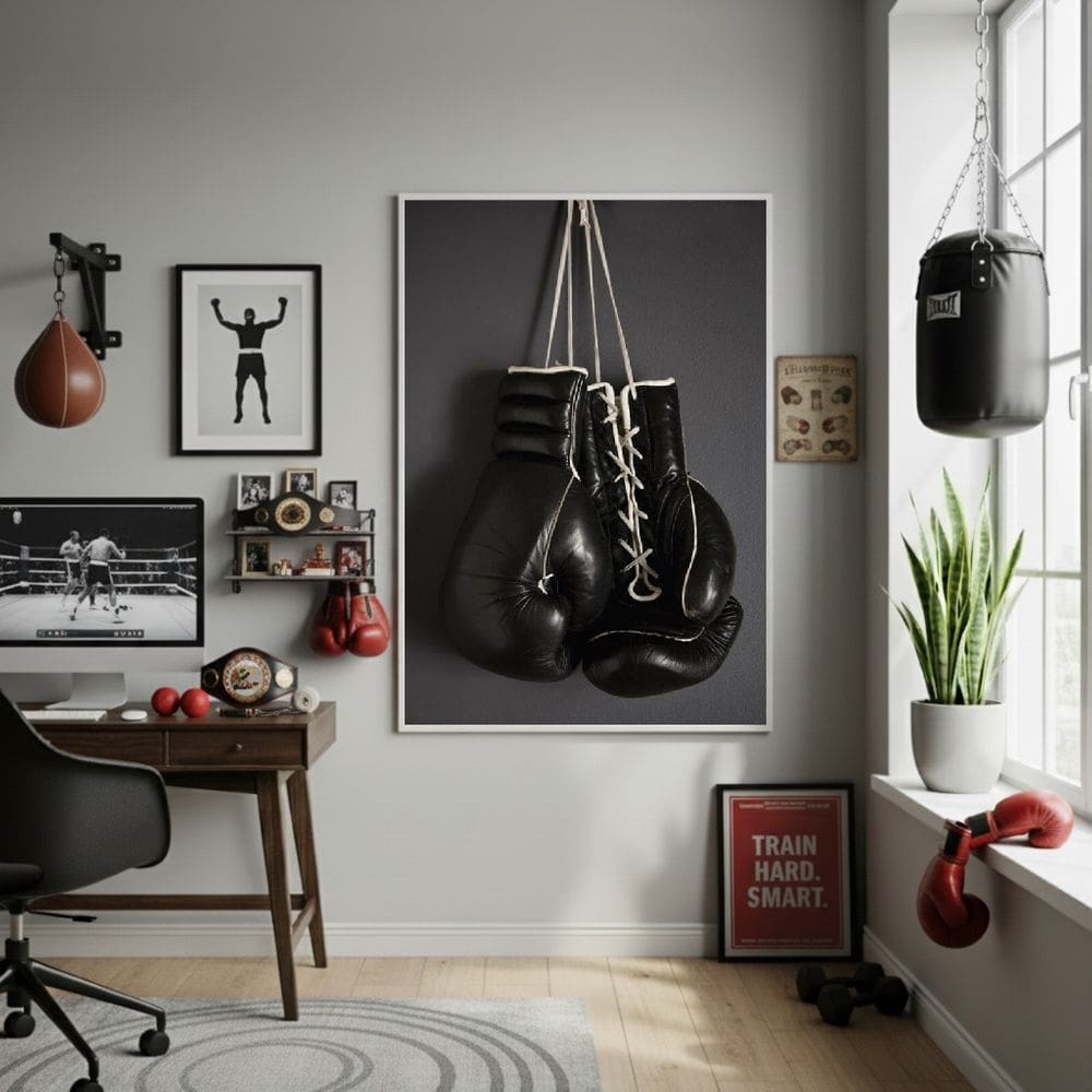 Quadro Decorativo Luvas Pretas De Boxe-70x50cm Mold Branca