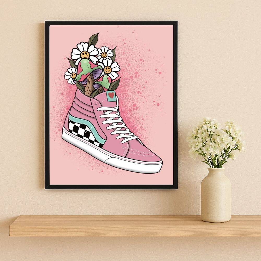 Quadro Fem Fashion Tênis Flores 45x34cm Mold Preta