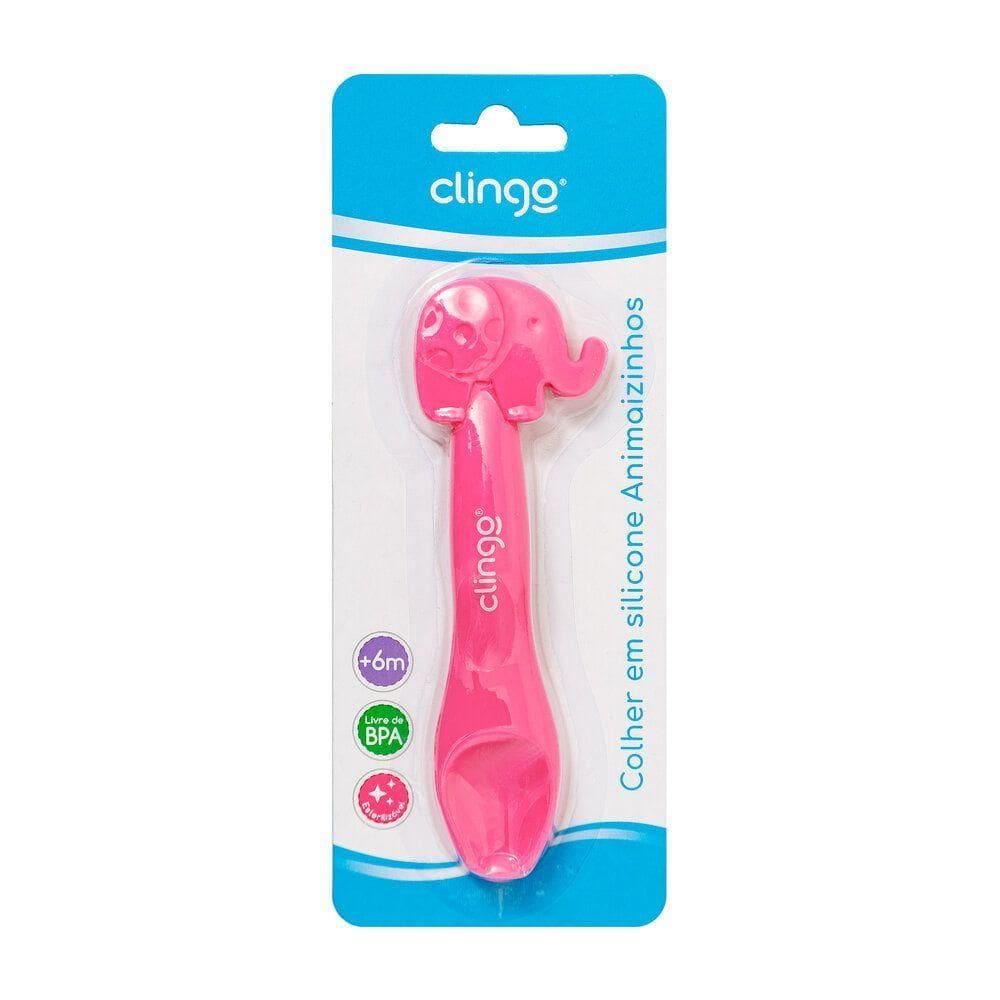 Colher Em Silicone Premium Elefante Rosa Seguro Para As Gengivas Do Bebê