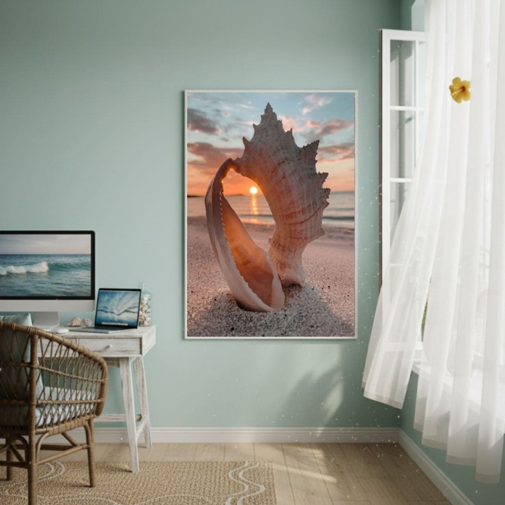 Quadro Decorativo Concha Marinha Com PorDoSol-70x50cm