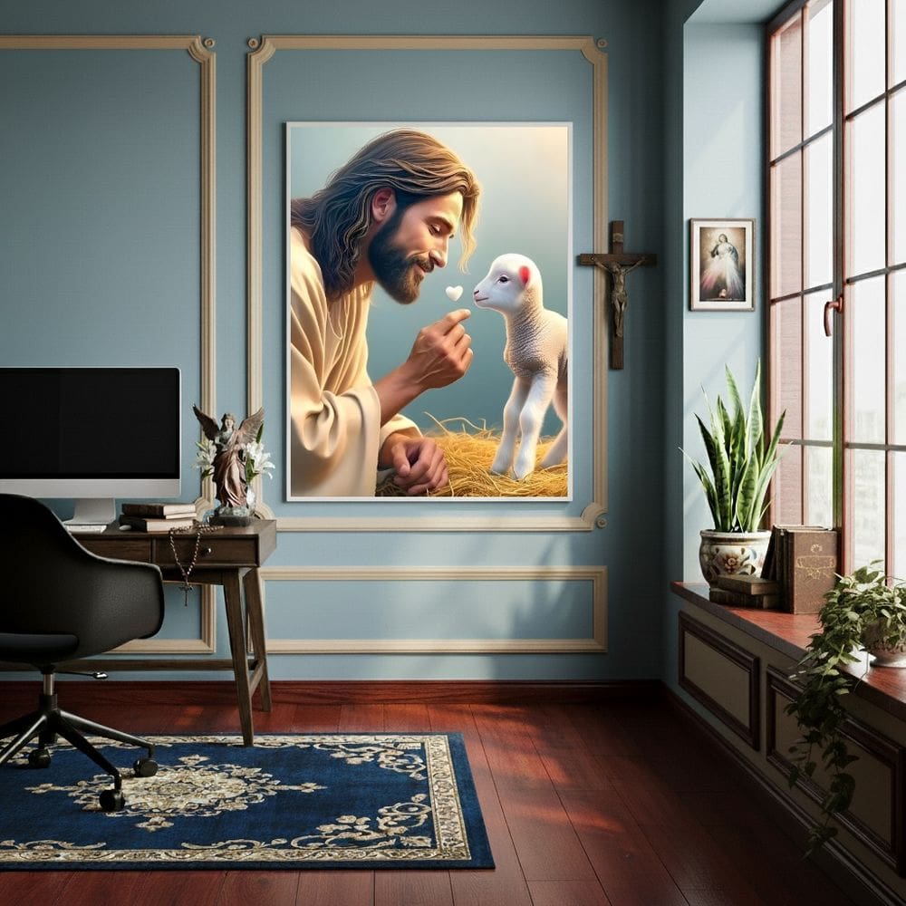 Quadro Decorativo Jesus Cristo Amigo dos Animais - 70x50cm