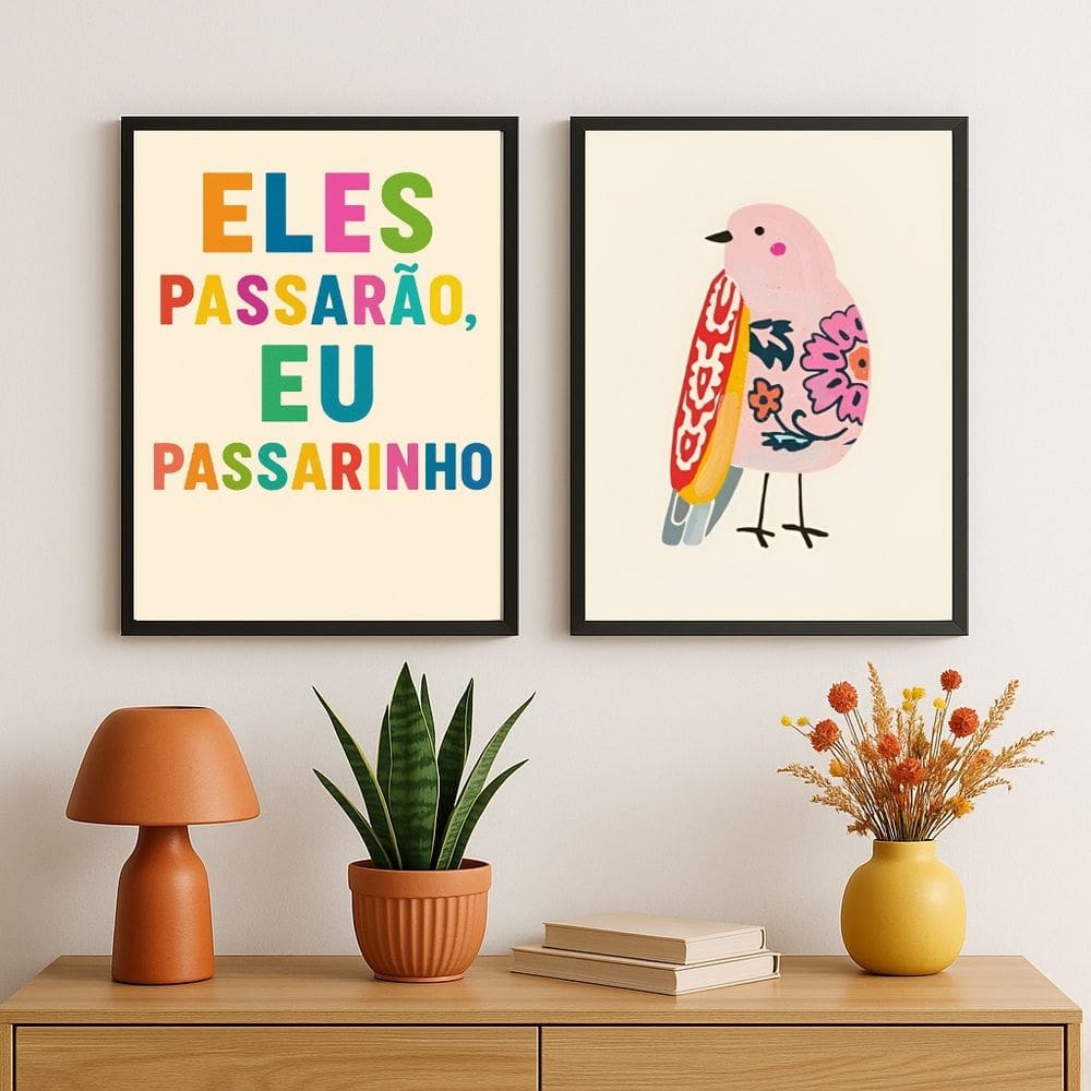 Kit 2 Quadros Eles Passarão Eu Passarinho 24x18cm