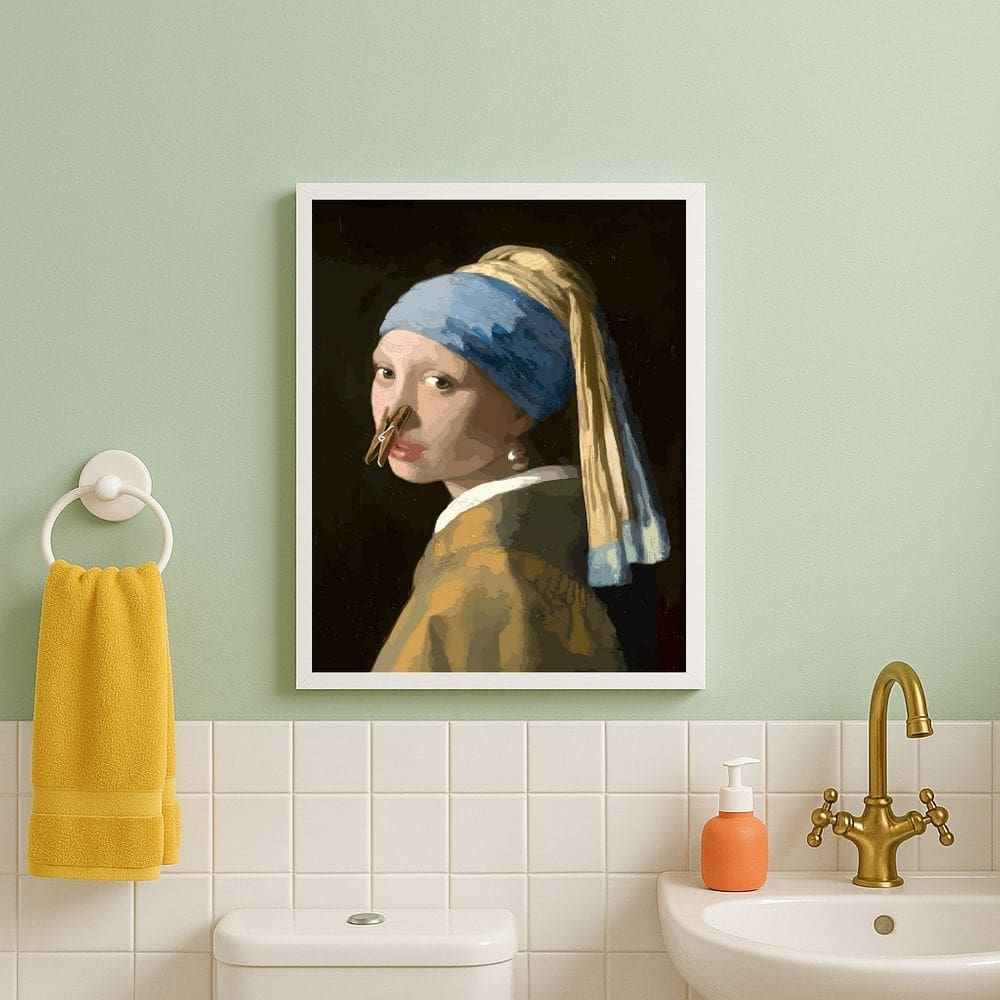 Quadro Divertido Banheiro Menina Do Brinco De Pérolas 33x24cm