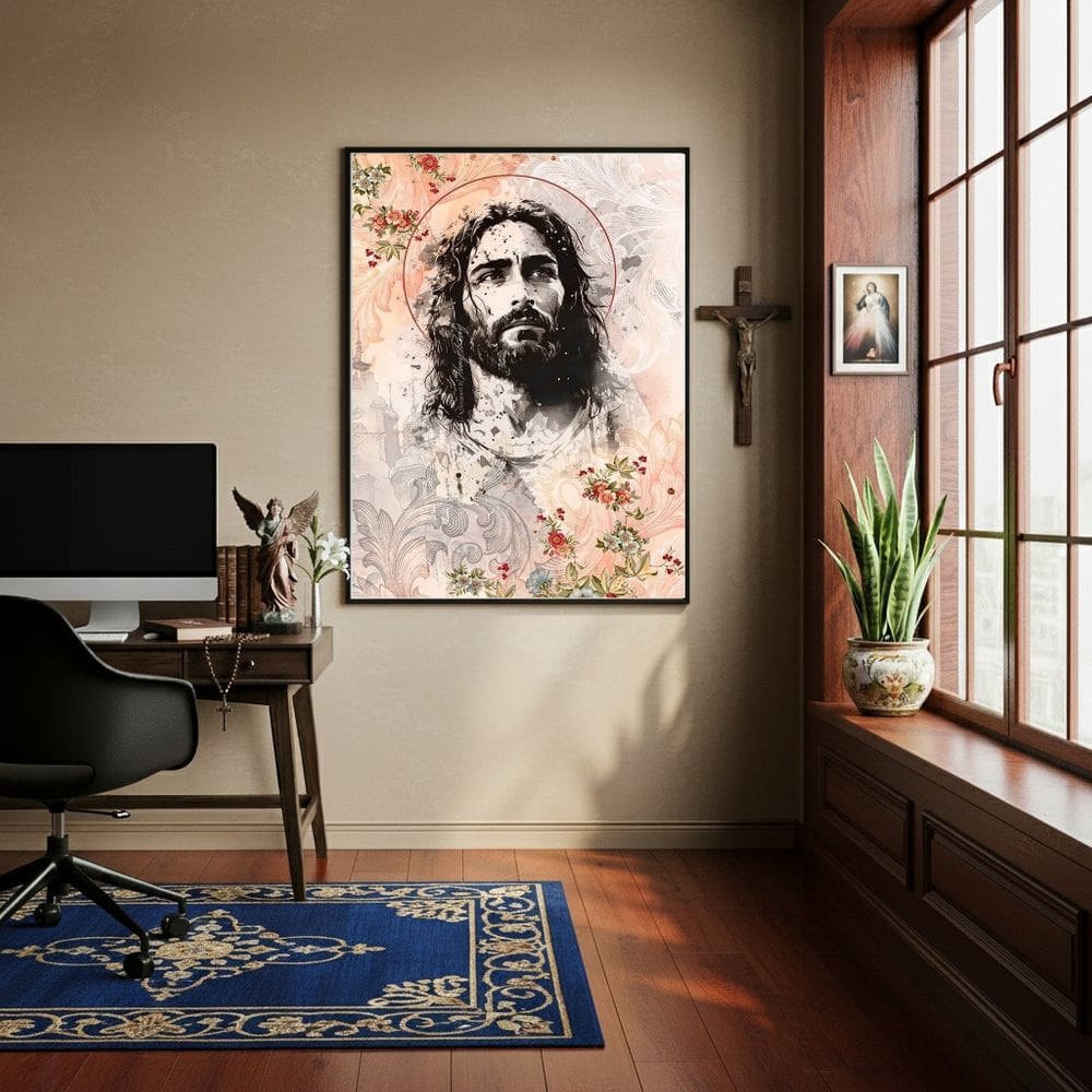 Quadro Decorativo Jesus Cristo Flores - 70x50cm