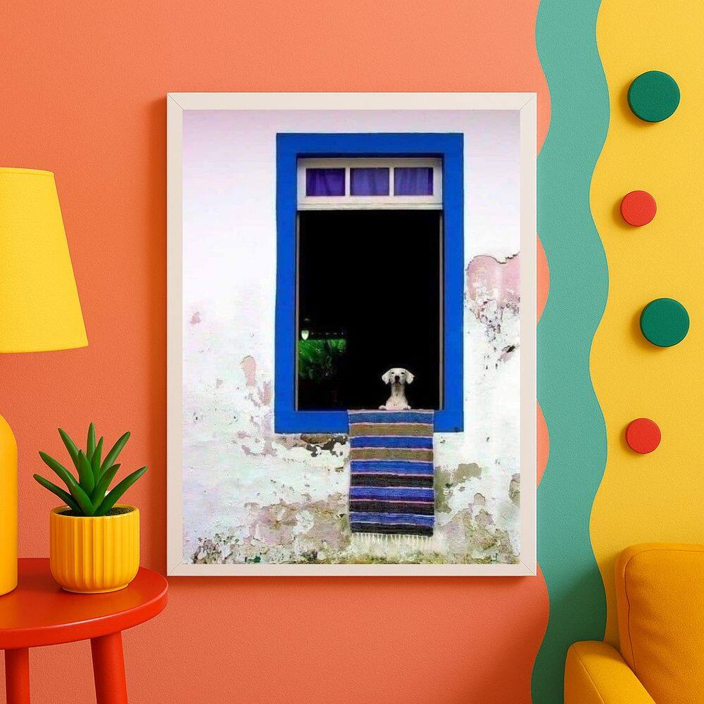 Quadro Decorativo Cachorro Na Janela Azul 45x34cm