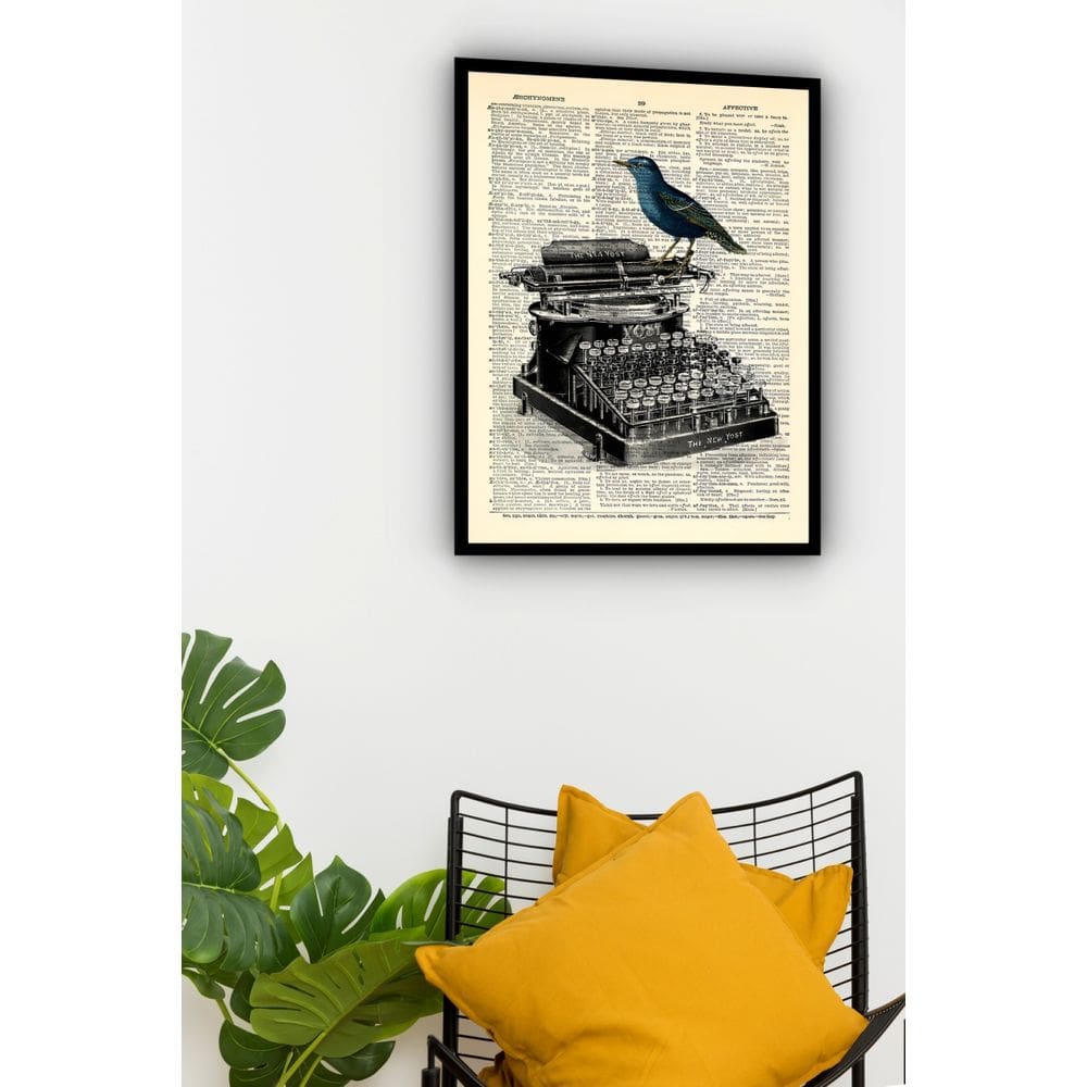 Quadro Decorativo Pássaro Máquina de Escrever  - 70x50cm