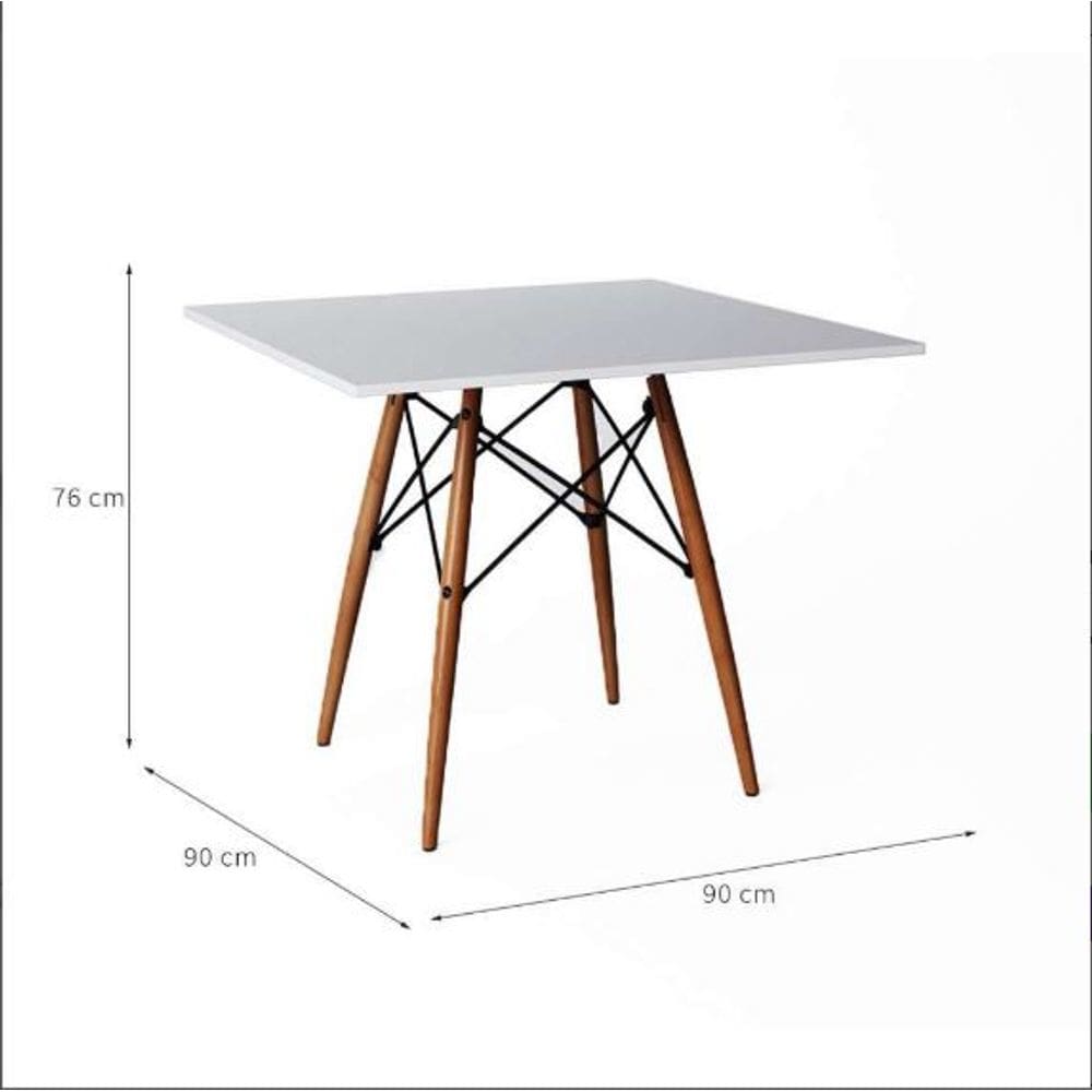 Mesa de Jantar Quadrada Eiffel 90cm MDF Charles Eames - Base em Madeira e Aço Carbono, Branco