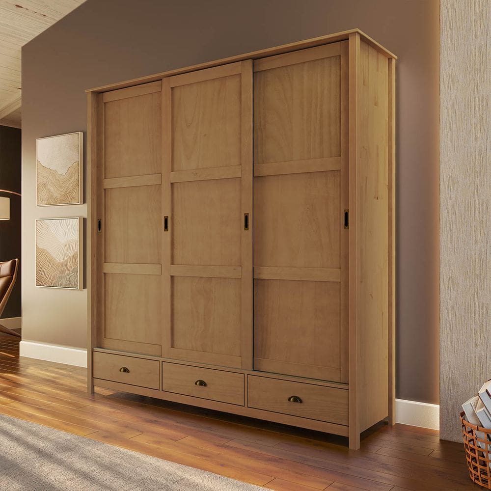 Guarda-Roupa Topázio 3 Portas de Correr Madeira Pinus Freijó - Finestra