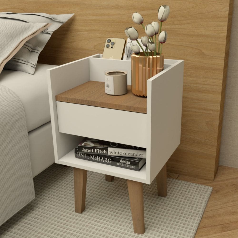 Mesinha de Cabeceira Retrô Luxo Compacta Quarto Branco/Freijó