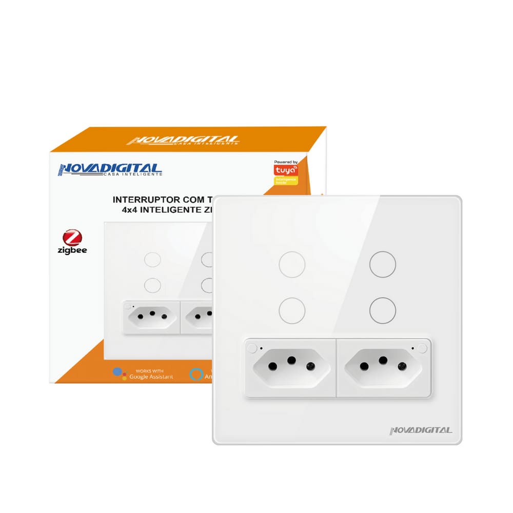 Interruptor Inteligente 4 Botões Touch 2 Tomada  4x4 ZIGBEE NOVADIGITAL BRANCO
