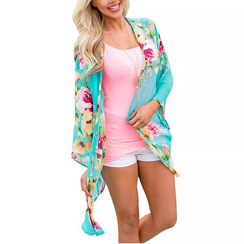 Cardigã de quimono com capa de praia com estampa floral para mulheres